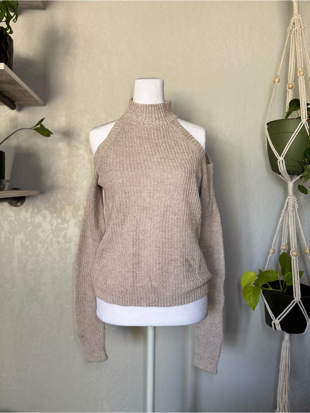 Express Beige Cold-Shoulder Ribbed Turtleneck Sweater